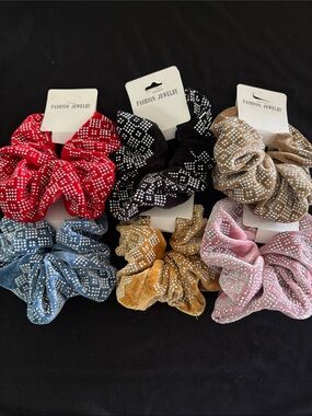 Fashion Jewelry Bling Rhinestone Velvet Scrunchies - Multi Color Pack of 6